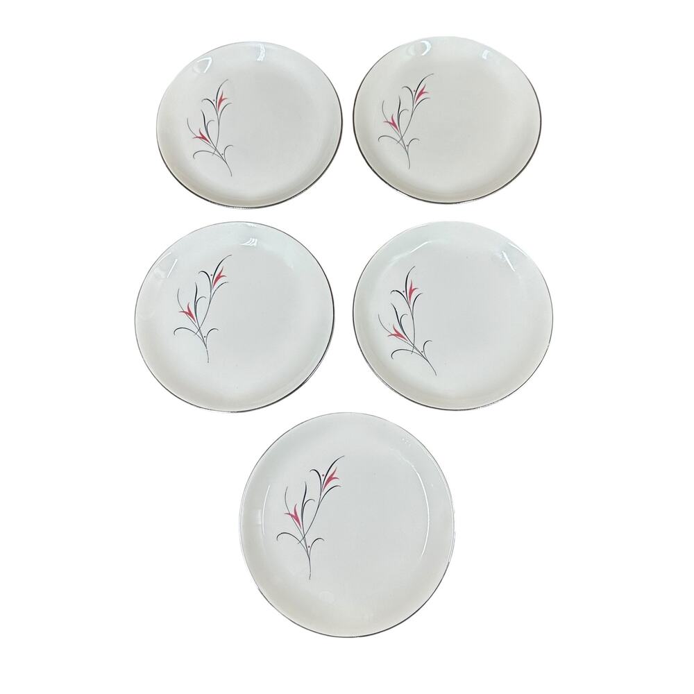 Vtg MCM 50s Salem China Serenade 6" Bread Plates Pink Black Floral Set of 5